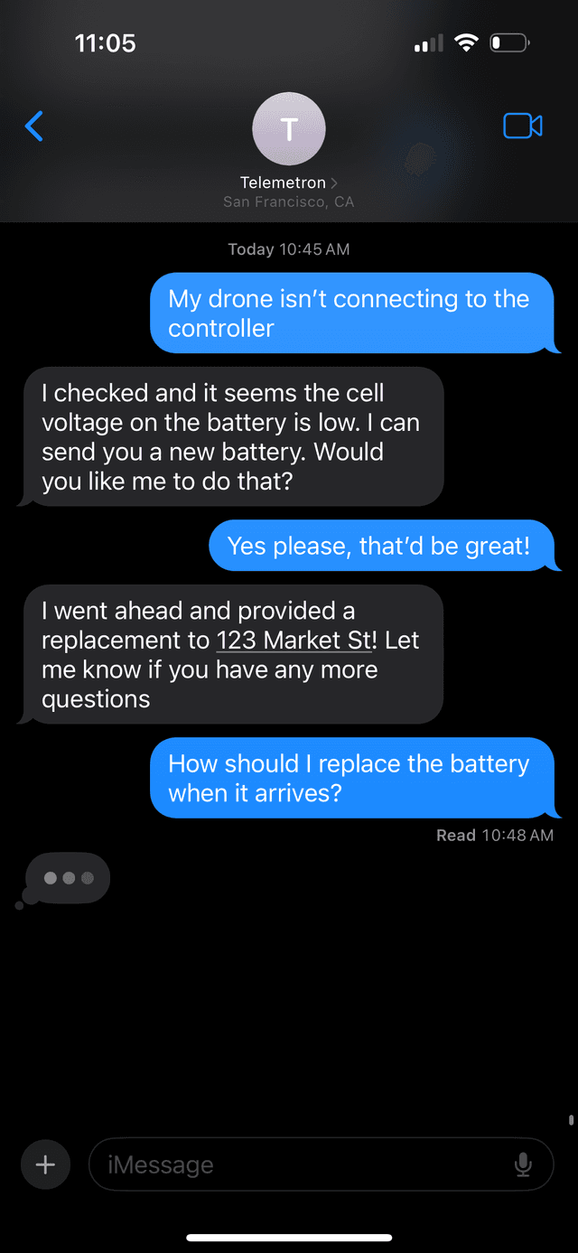 iMessage conversation with Telemetron support